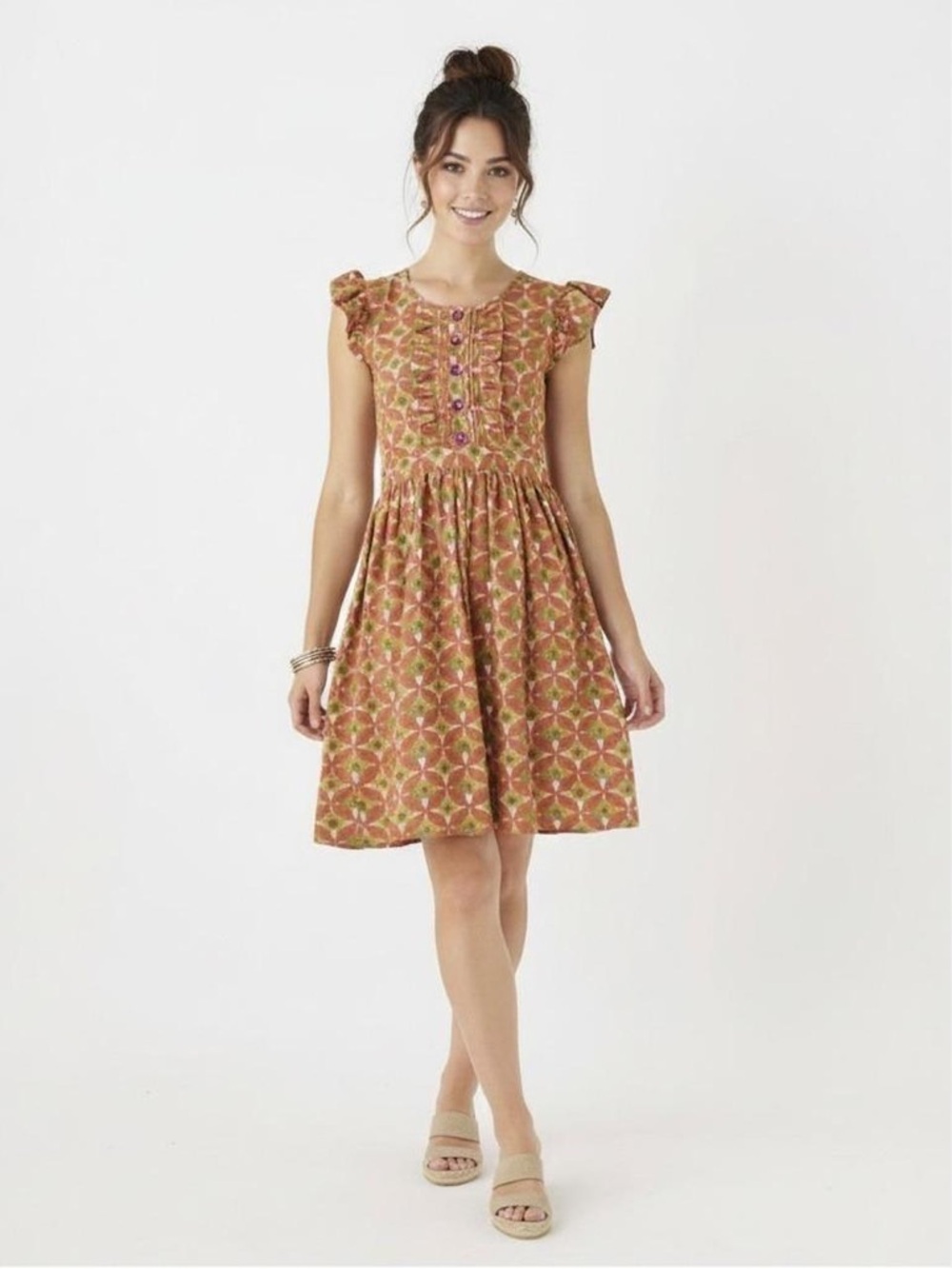 Matilda Jane Rust and Green Printed Flutter-Sleeve Mini Dress